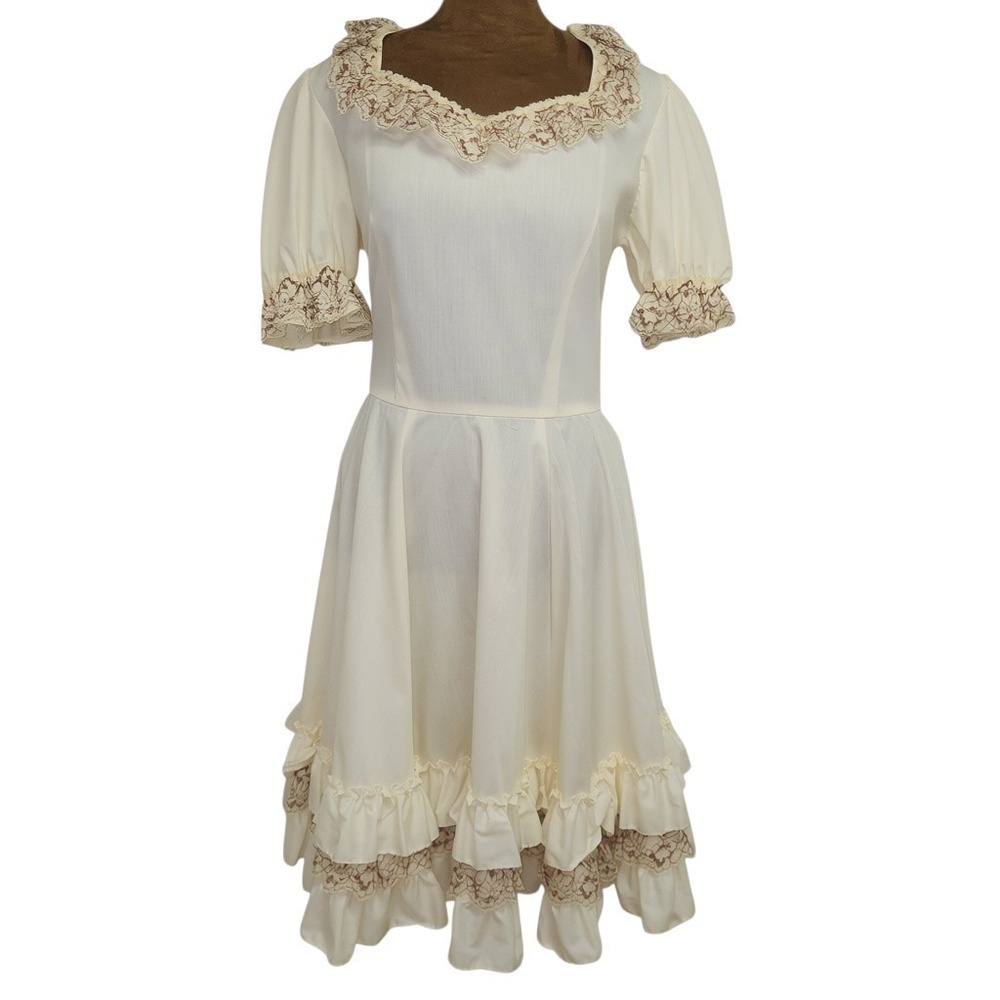 Malco Modes Vintage Dress Square Dancing Lace Trim Ivory, Brown A-line Size 14
